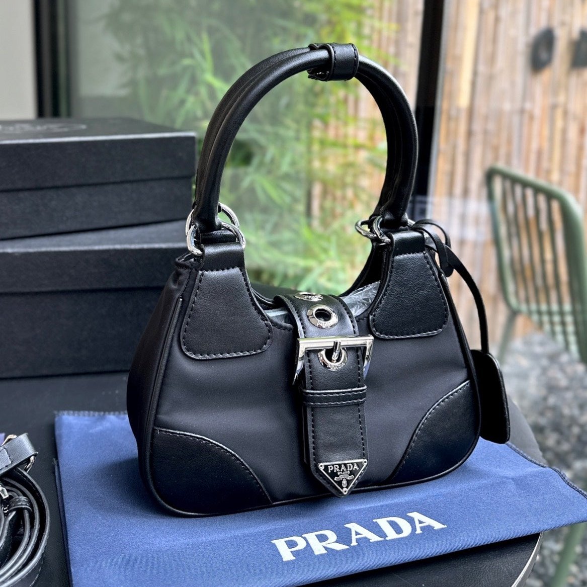 Luxury Prada22 MOON PADDED BAG IN BLACK CALFSKIN WITH STRAP