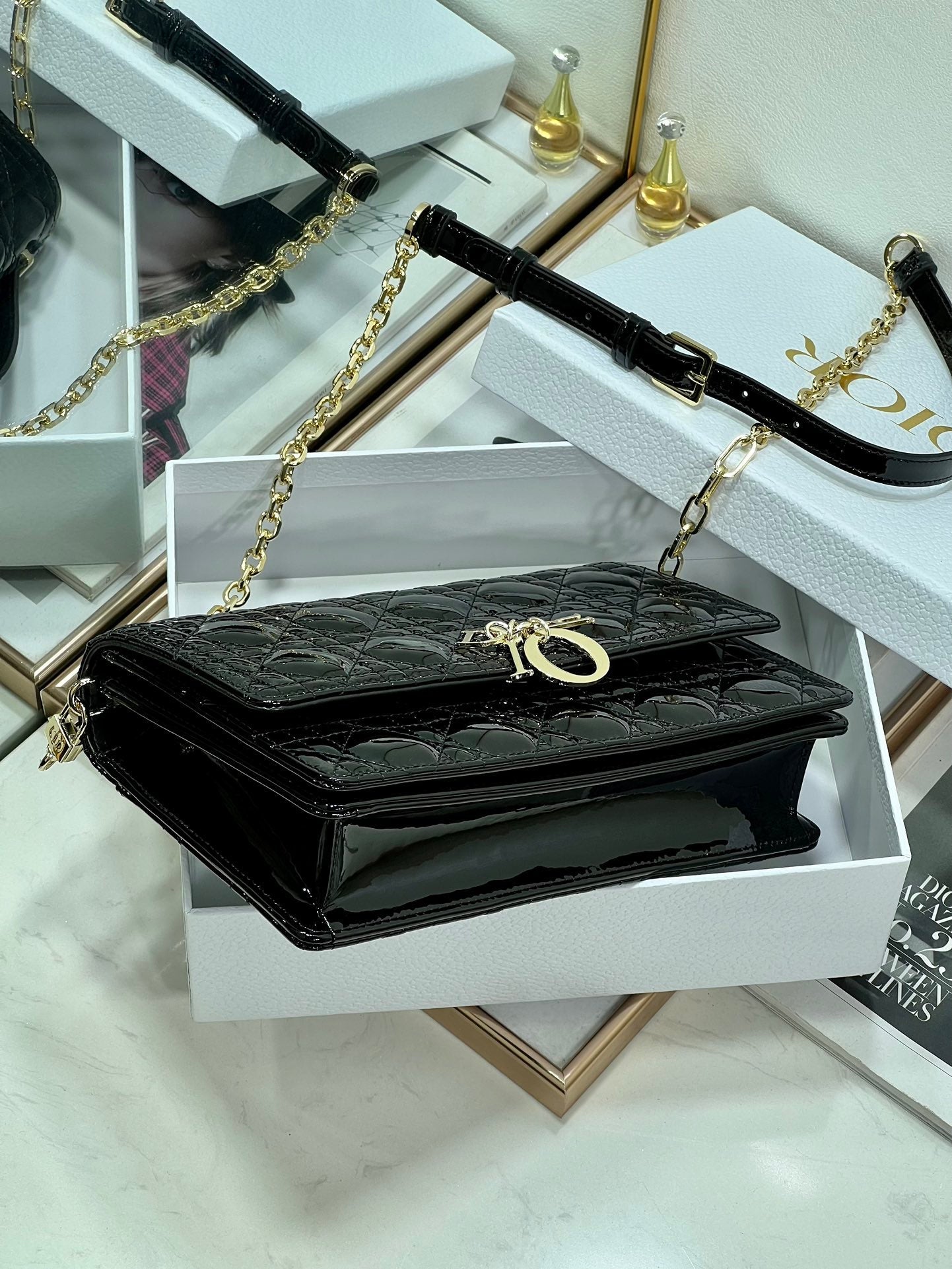 Luxury DiorMY 24 TOP HANDLE BAG BLACK PATENT LAMBSKIN