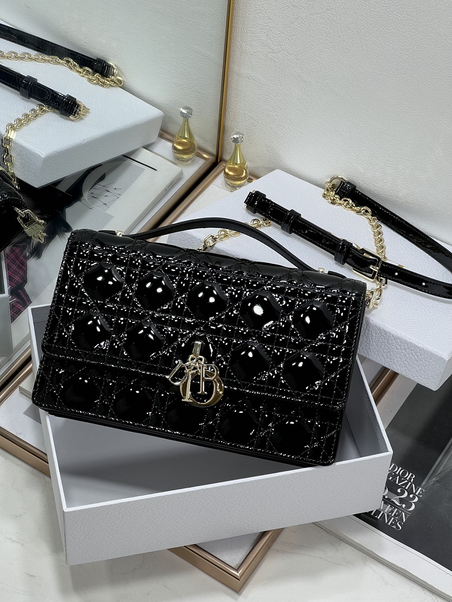 Luxury DiorMY 24 TOP HANDLE BAG BLACK PATENT LAMBSKIN