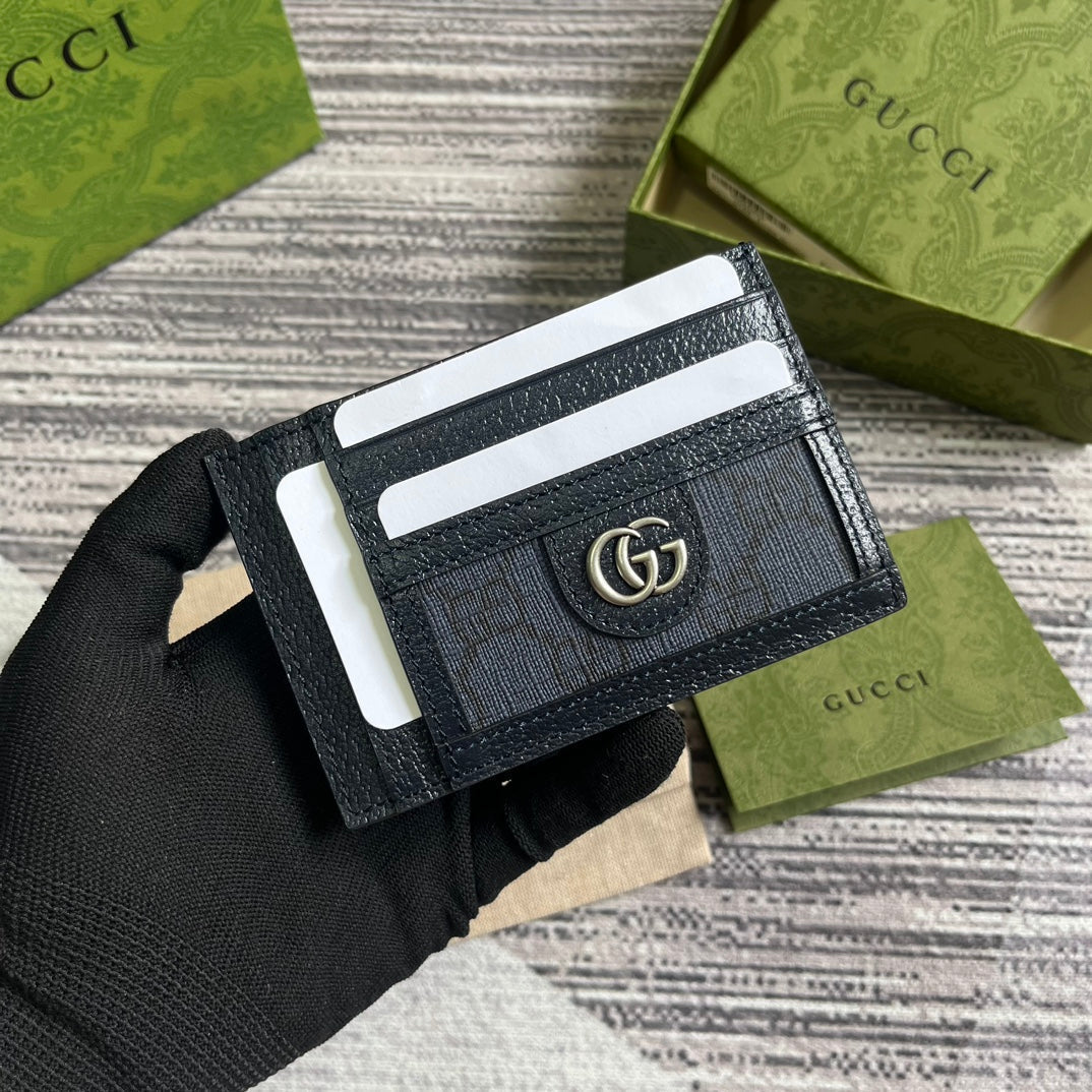 Luxury Gucci OPHIDIA GG 11 CARD CASE DARK BLUE CANVAS AND BLACK CALFSKIN