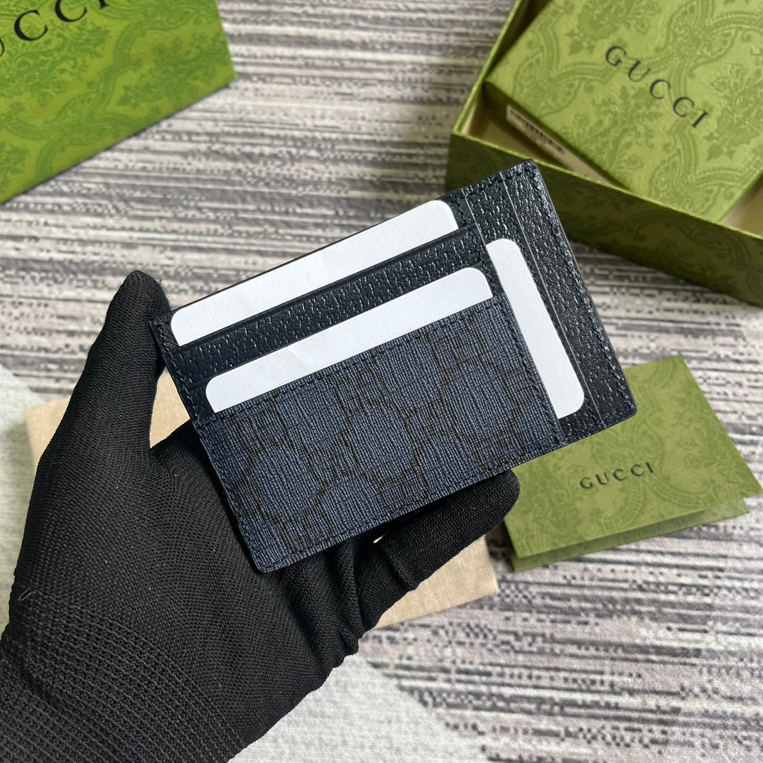 Luxury Gucci OPHIDIA GG 11 CARD CASE DARK BLUE CANVAS AND BLACK CALFSKIN