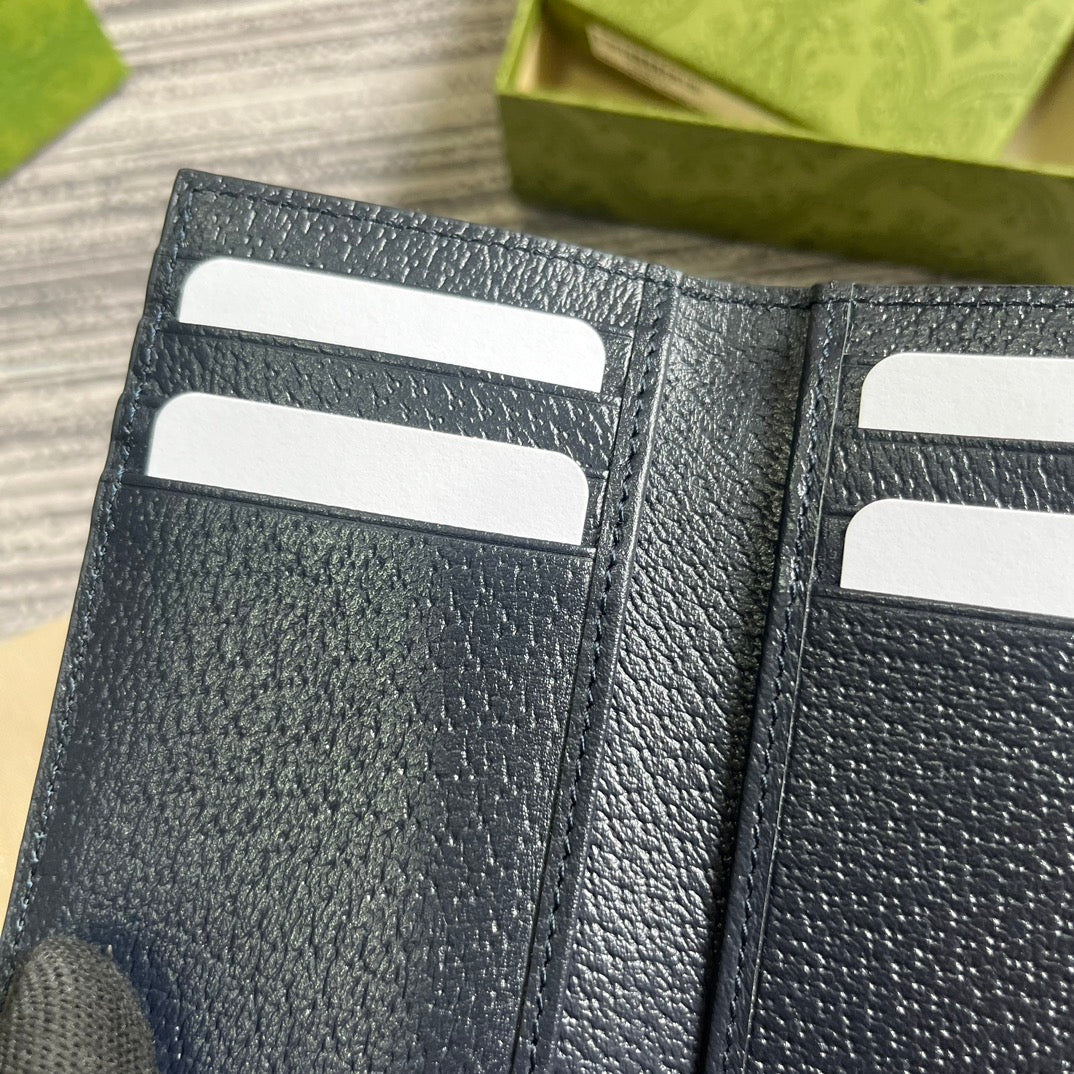 Luxury Gucci OPHIDIA GG 12 CARD CASE DARK BLUE CANVAS AND BLACK CALFSKIN