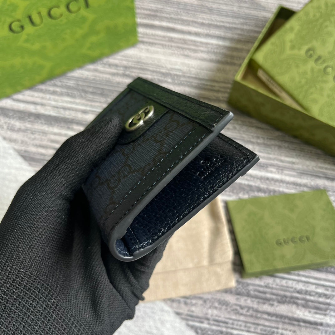 Luxury Gucci OPHIDIA GG 12 CARD CASE DARK BLUE CANVAS AND BLACK CALFSKIN