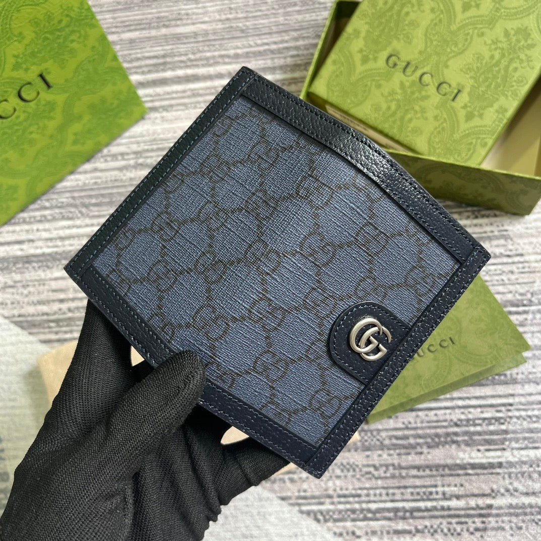 Luxury Gucci OPHIDIA GG 12 CARD CASE DARK BLUE CANVAS AND BLACK CALFSKIN