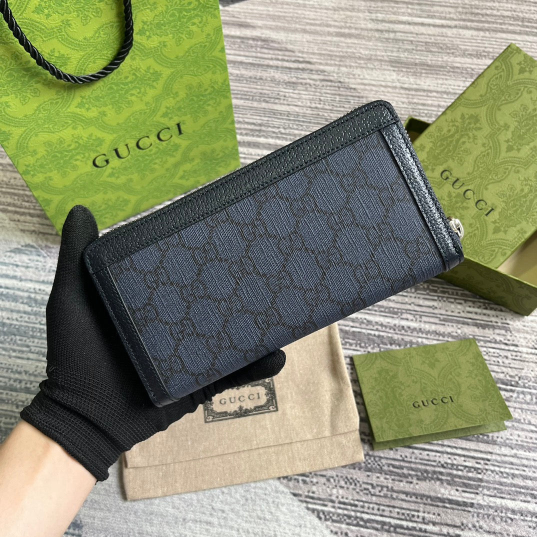 Luxury Gucci OPHIDIA GG 19 ZIP AROUND WALLET DARK BLUE CANVAS AND BLACK CALFSKIN