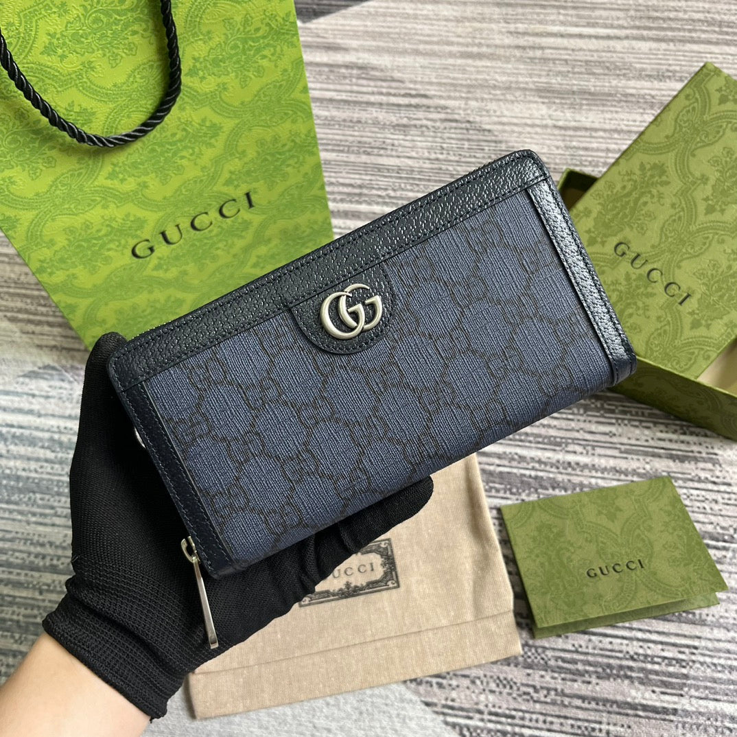 Luxury Gucci OPHIDIA GG 19 ZIP AROUND WALLET DARK BLUE CANVAS AND BLACK CALFSKIN