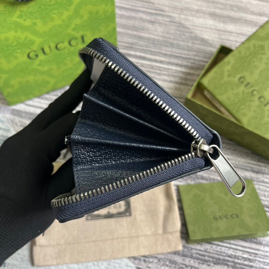 Luxury Gucci OPHIDIA GG 19 ZIP AROUND WALLET DARK BLUE CANVAS AND BLACK CALFSKIN