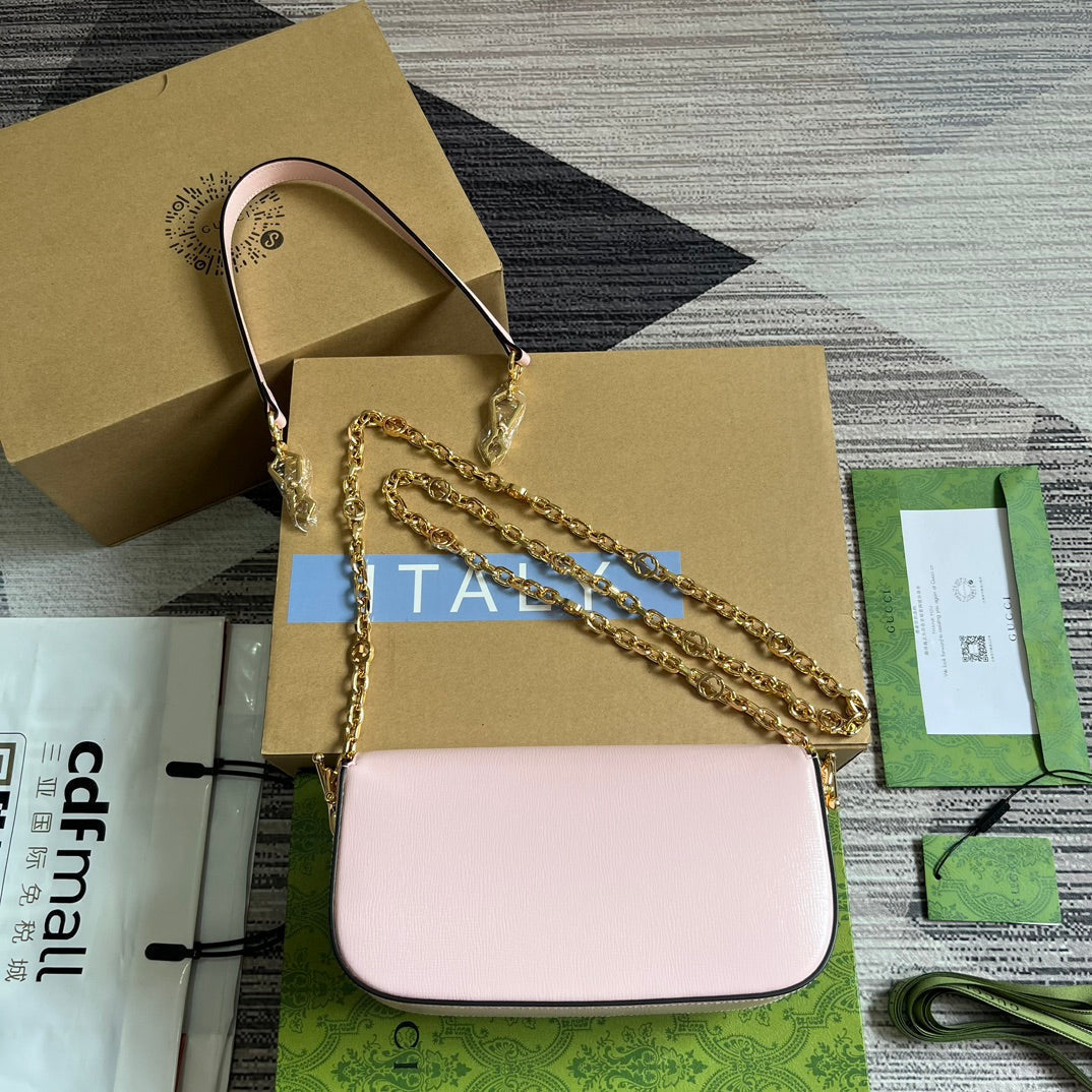 Luxury Gucci DIAMOND HORSEBIT SHOULDER BAG 24 IN LIGHT PINK CALFSKIN GOLD HARDWARE