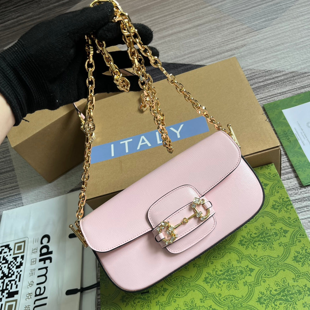Luxury Gucci DIAMOND HORSEBIT SHOULDER BAG 24 IN LIGHT PINK CALFSKIN GOLD HARDWARE