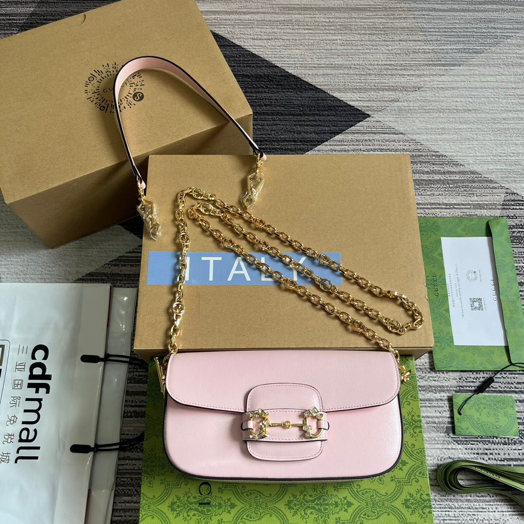 Luxury Gucci DIAMOND HORSEBIT SHOULDER BAG 24 IN LIGHT PINK CALFSKIN GOLD HARDWARE