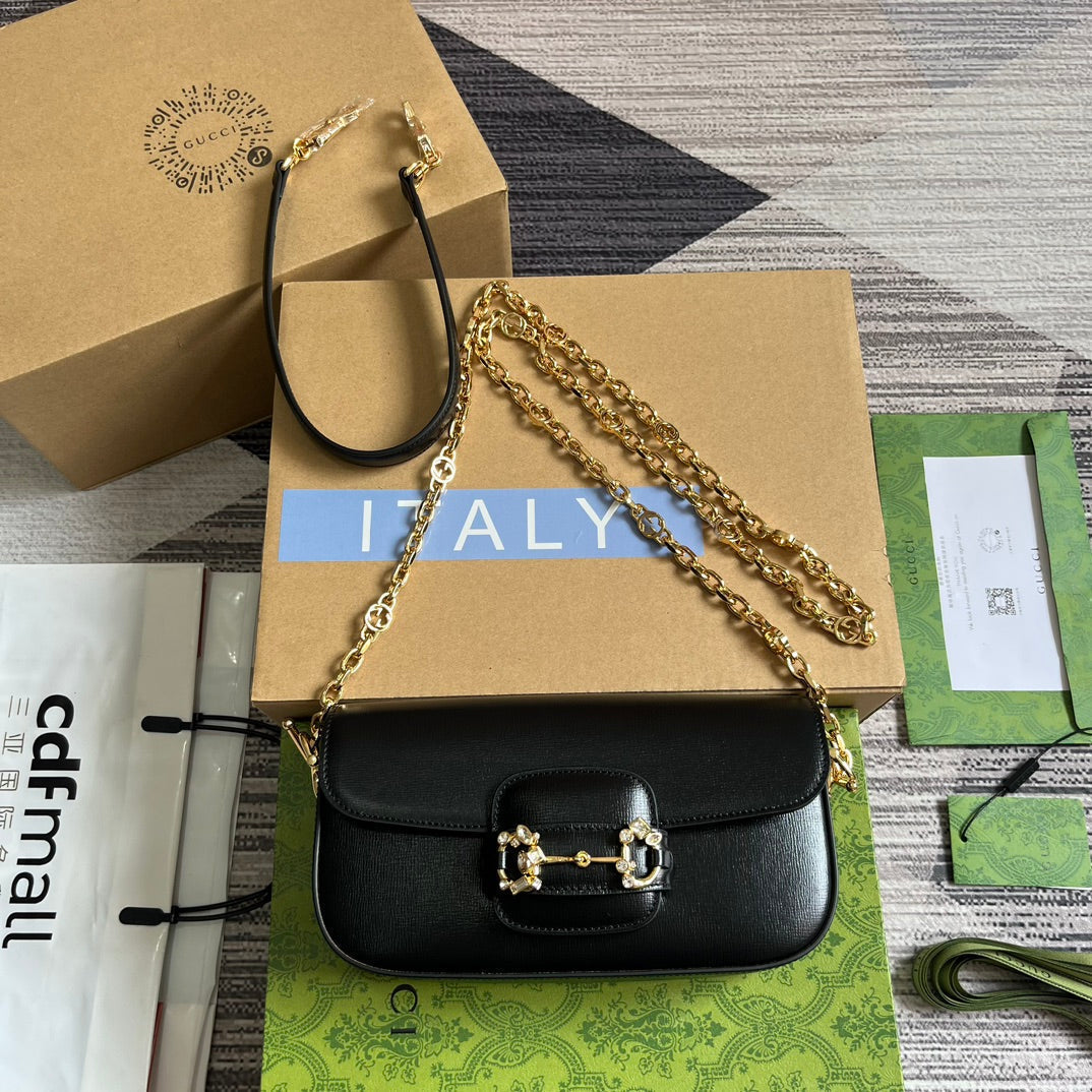 Luxury Gucci DIAMOND HORSEBIT SHOULDER BAG 24 IN BLACK CALFSKIN GOLD HARDWARE