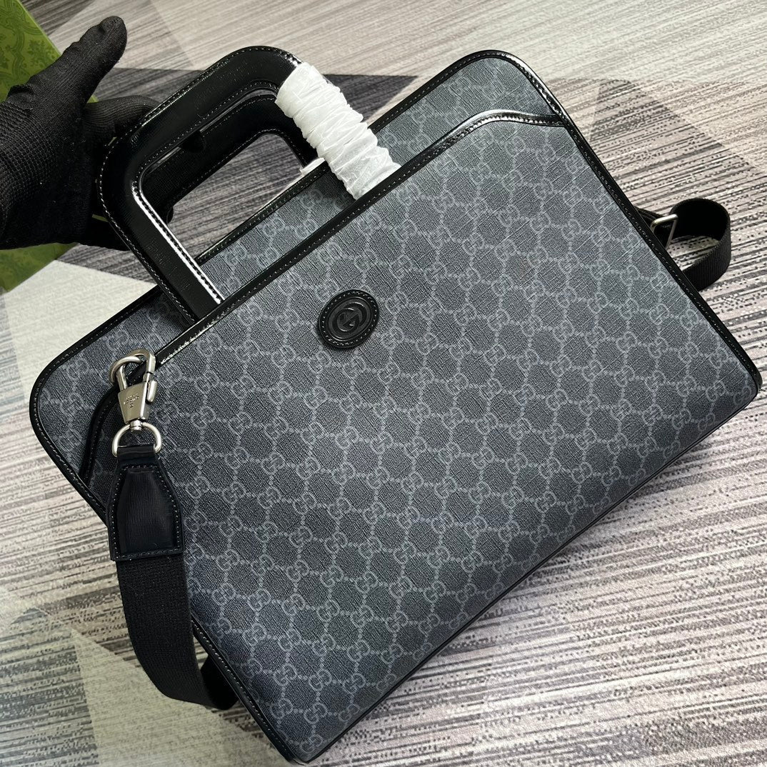 Luxury Gucci BRIEFCASE 40 WITH INTERLOCKING G BLACK CANVAS
