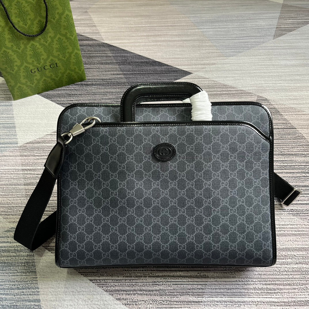 Luxury Gucci BRIEFCASE 40 WITH INTERLOCKING G BLACK CANVAS