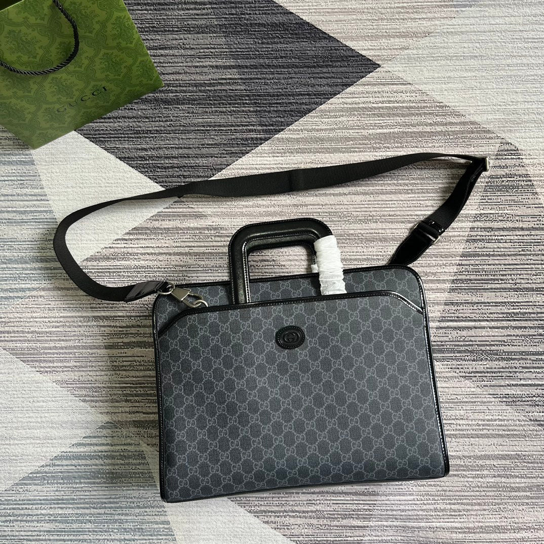 Luxury Gucci BRIEFCASE 40 WITH INTERLOCKING G BLACK CANVAS