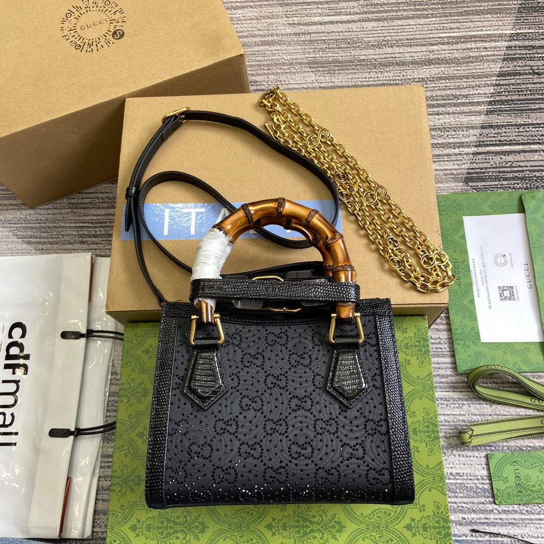 Luxury Gucci GG DIANA JUMBO 20 MINI TOTE BAG BLACK CANVAS