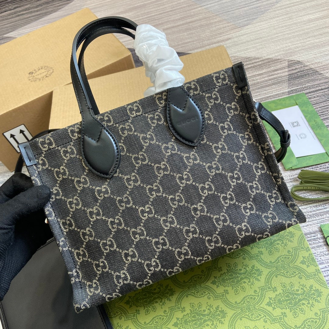 Luxury Gucci OPHIDIA GG 27 MEDIUM TOTE BAG BLACK DENIM