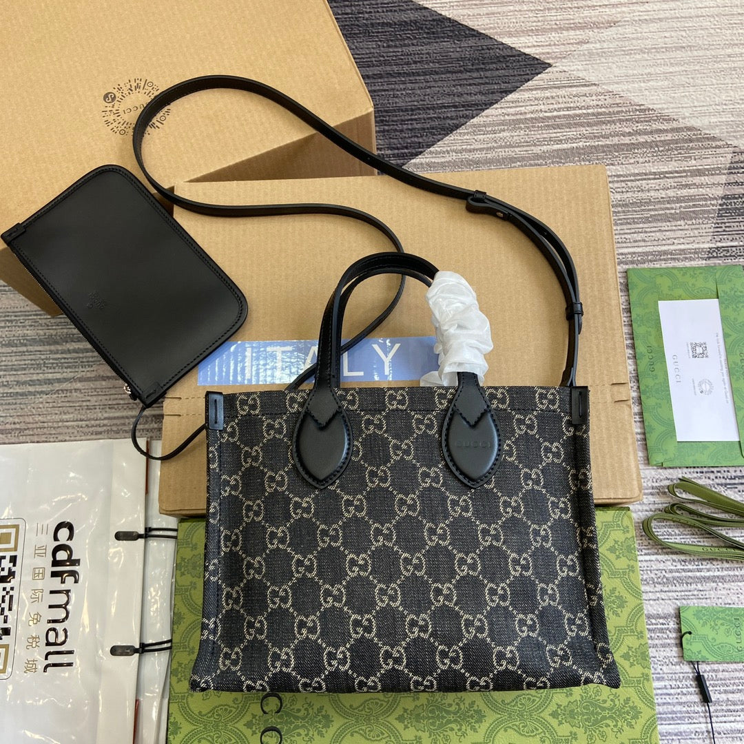 Luxury Gucci OPHIDIA GG 27 MEDIUM TOTE BAG BLACK DENIM