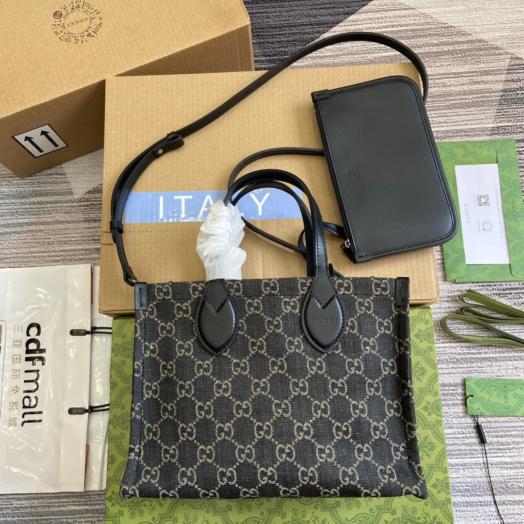 Luxury Gucci OPHIDIA GG 27 MEDIUM TOTE BAG BLACK DENIM