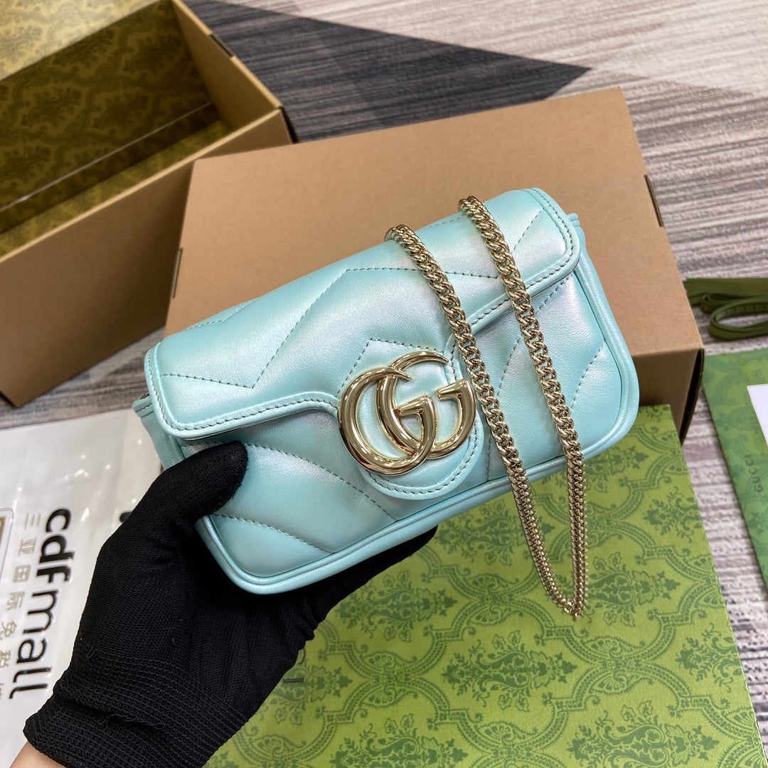 Luxury Gucci GG MARMONT 16 MINI SHOULDER BAG BLUE IRIDESCENT CALFSKIN