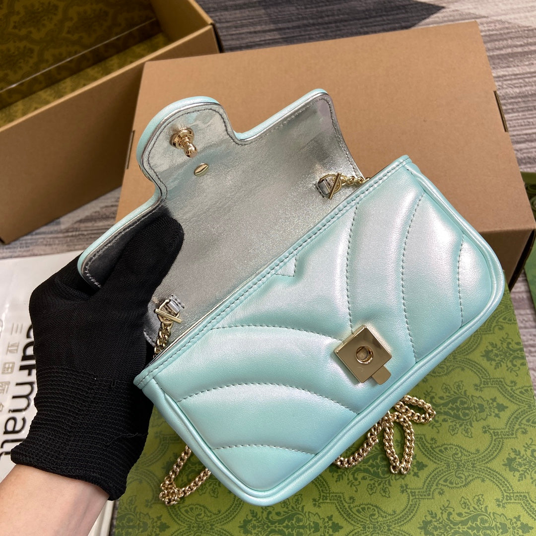 Luxury Gucci GG MARMONT 16 MINI SHOULDER BAG BLUE IRIDESCENT CALFSKIN