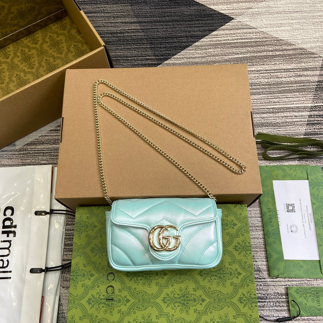 Luxury Gucci GG MARMONT 16 MINI SHOULDER BAG BLUE IRIDESCENT CALFSKIN