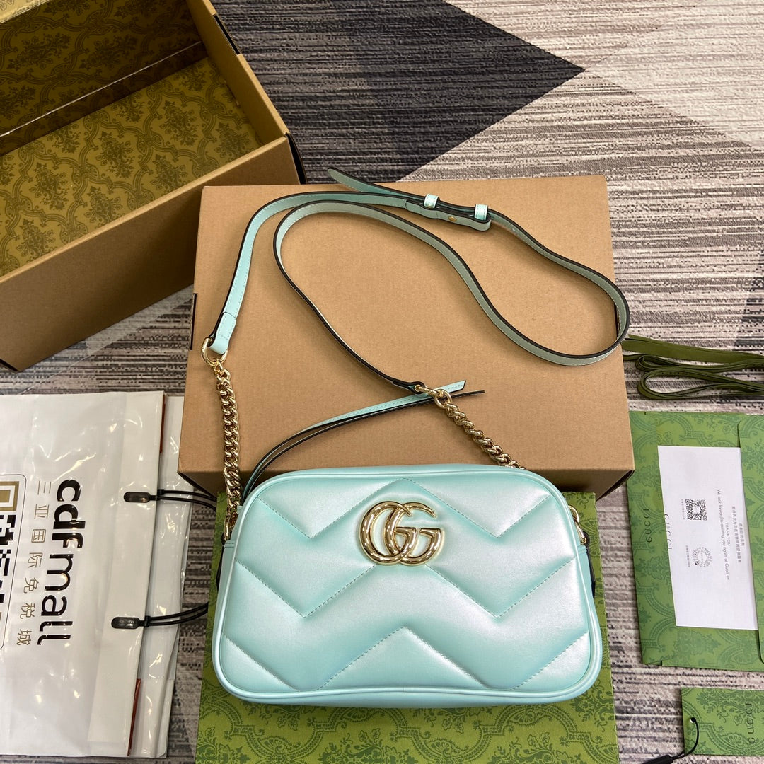 Luxury Gucci GG MARMONT 24 SMALL MATELASSÉ SHOULDER BAG BLUE IRIDESCENT CALFSKIN