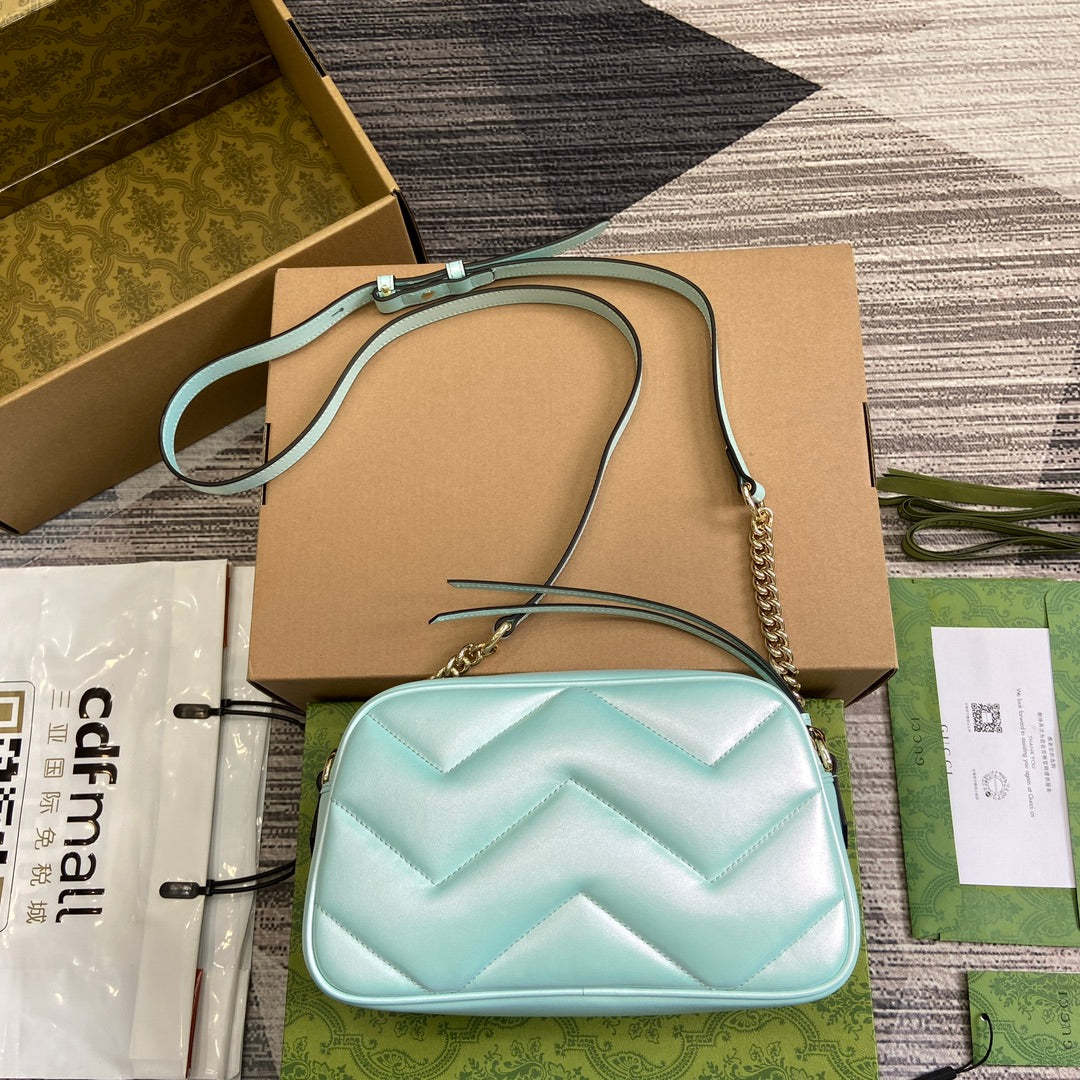 Luxury Gucci GG MARMONT 24 SMALL MATELASSÉ SHOULDER BAG BLUE IRIDESCENT CALFSKIN