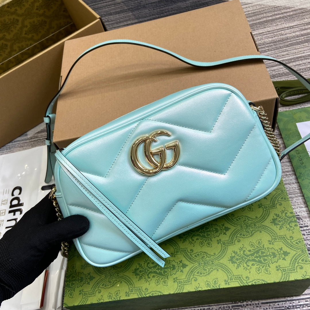 Luxury Gucci GG MARMONT 24 SMALL MATELASSÉ SHOULDER BAG BLUE IRIDESCENT CALFSKIN