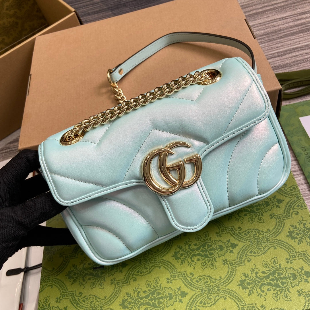 Luxury Gucci GG MARMONT 23 SMALL SHOULDER BAG BLUE IRIDESCENT CALFSKIN