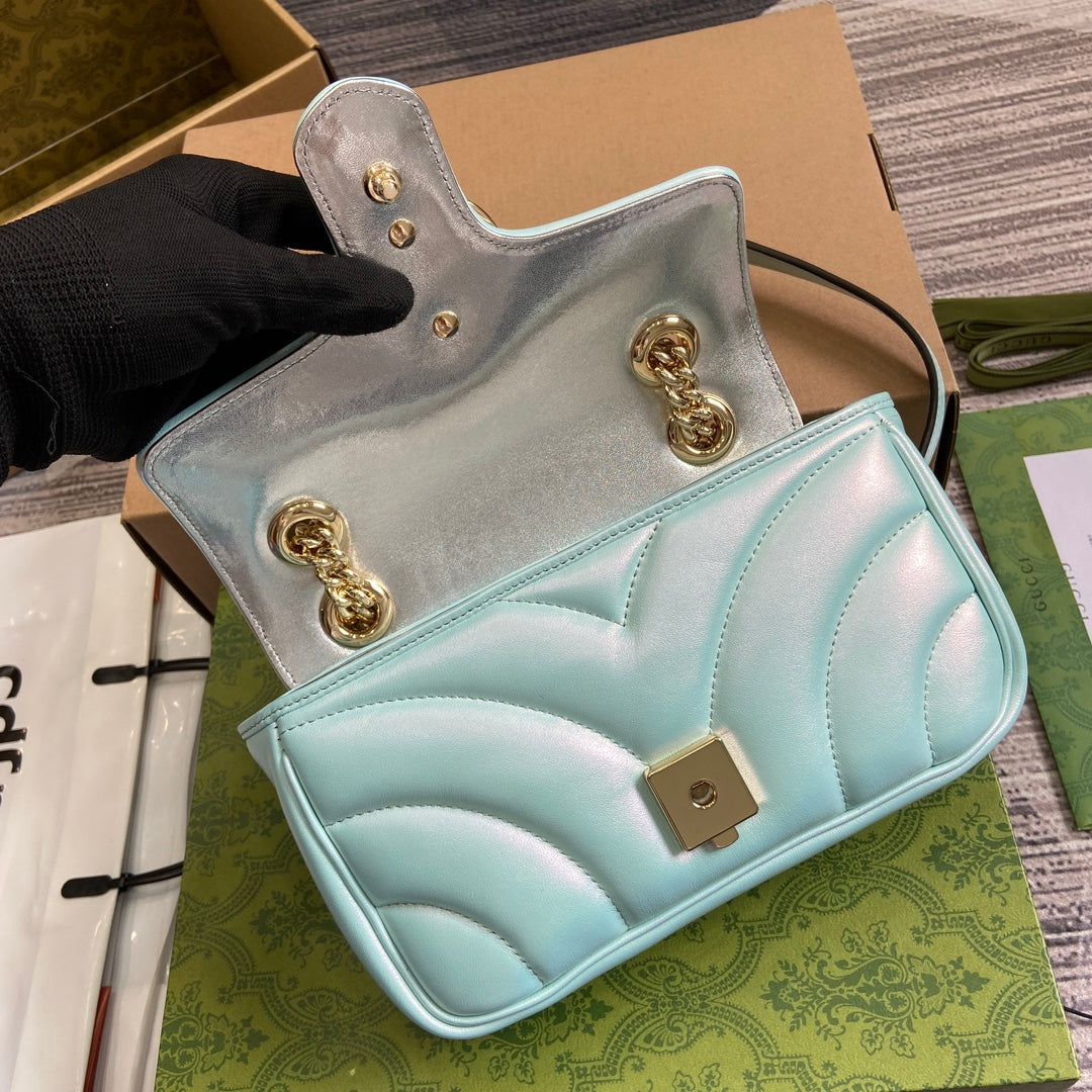 Luxury Gucci GG MARMONT 23 SMALL SHOULDER BAG BLUE IRIDESCENT CALFSKIN