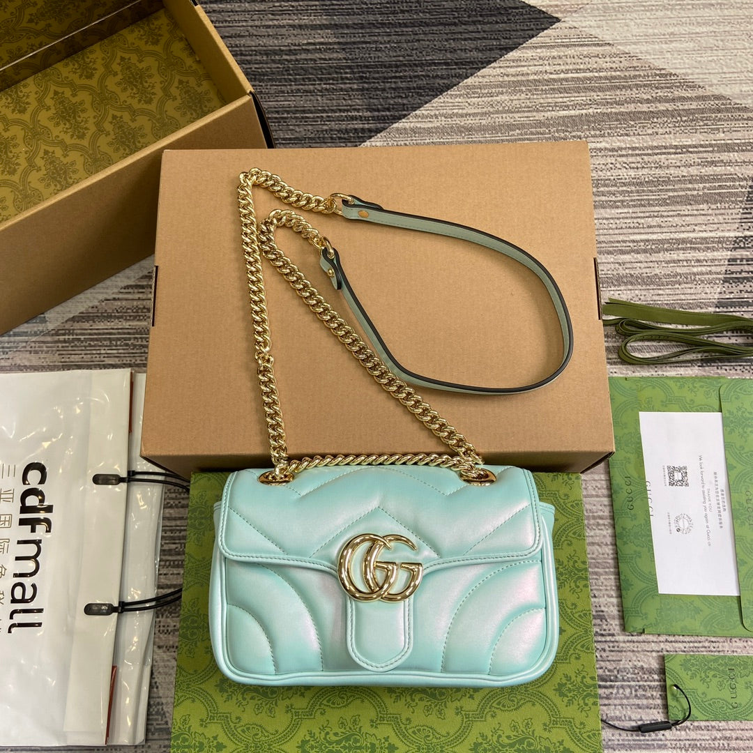 Luxury Gucci GG MARMONT 23 SMALL SHOULDER BAG BLUE IRIDESCENT CALFSKIN