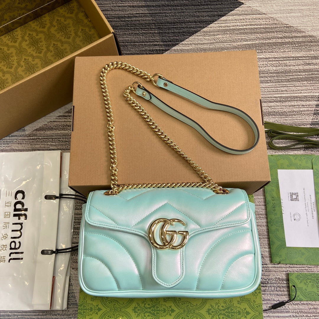 Luxury Gucci GG MARMONT 26 MEDIUM SHOULDER BAG BLUE IRIDESCENT CALFSKIN