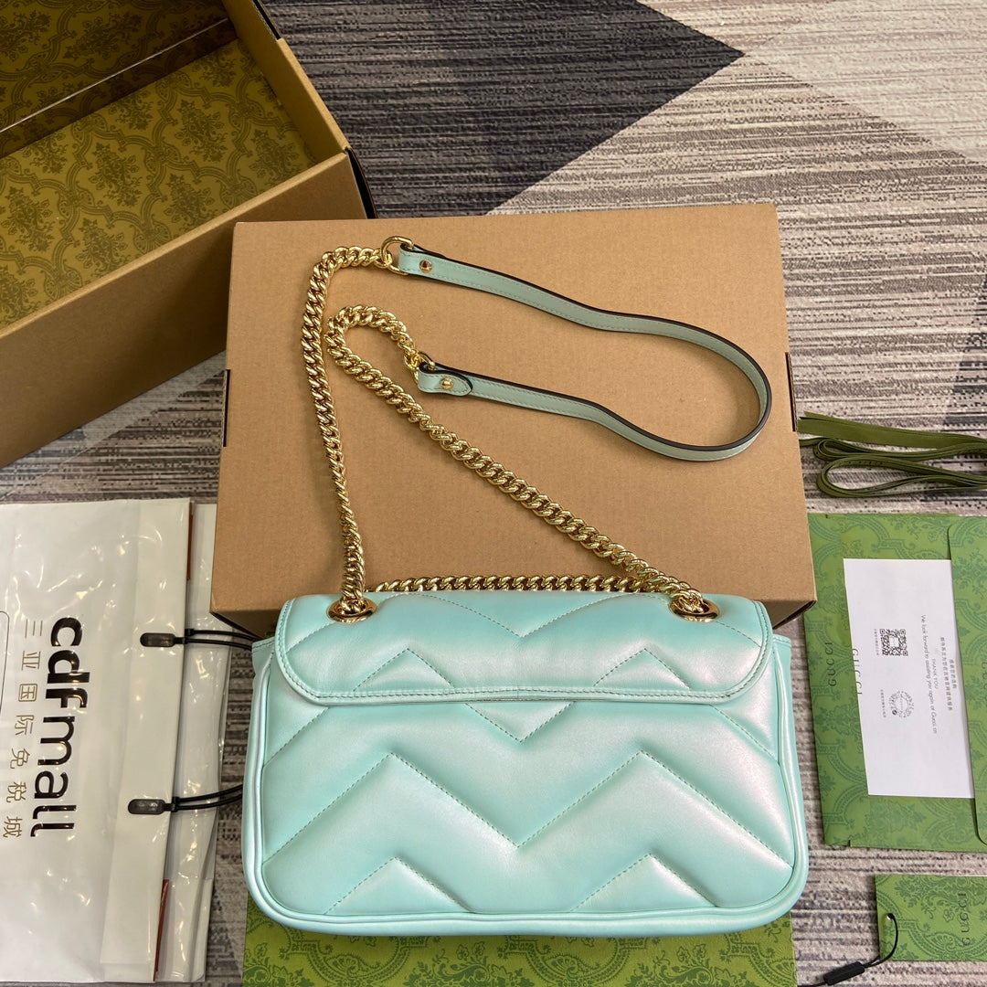 Luxury Gucci GG MARMONT 26 MEDIUM SHOULDER BAG BLUE IRIDESCENT CALFSKIN