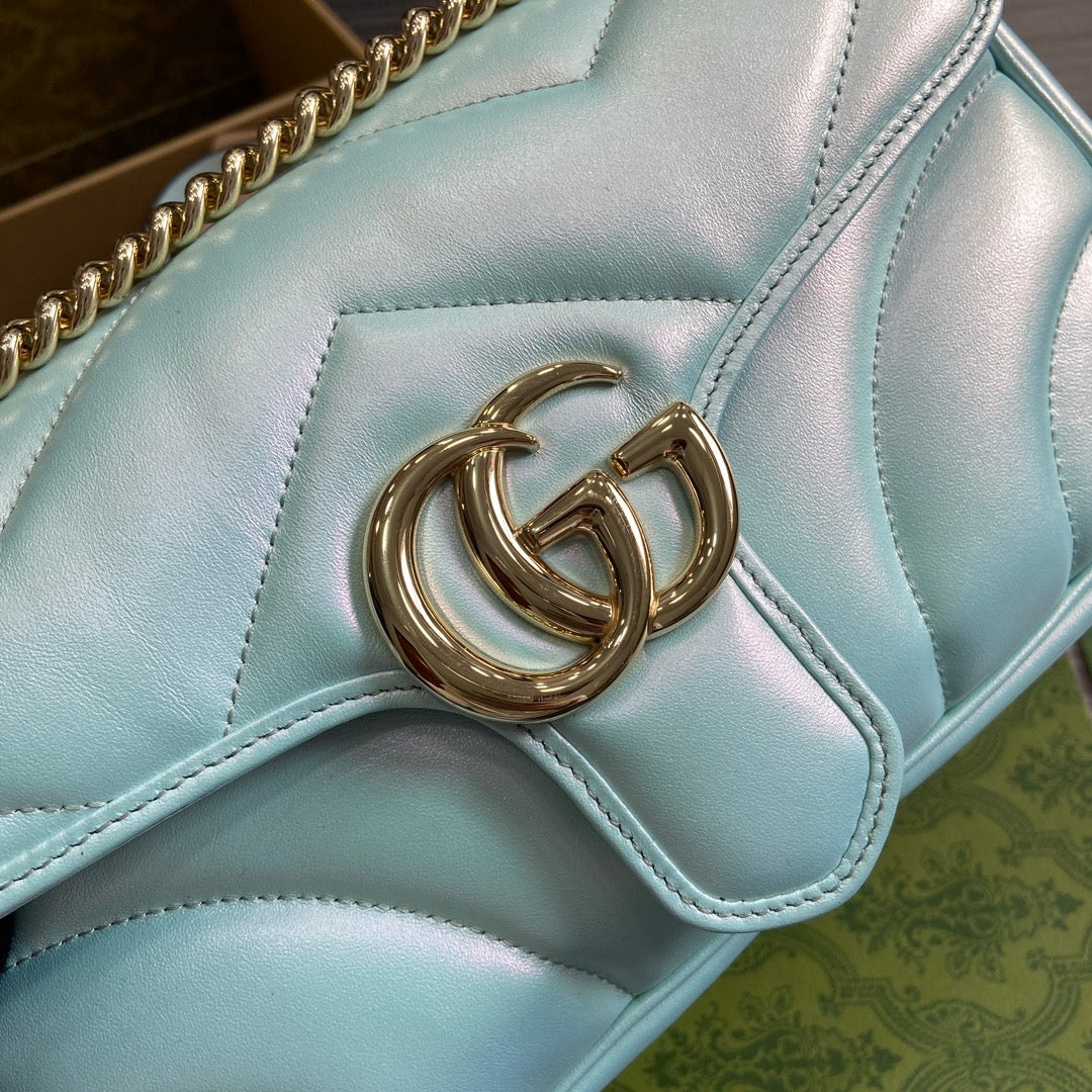 Luxury Gucci GG MARMONT 26 MEDIUM SHOULDER BAG BLUE IRIDESCENT CALFSKIN