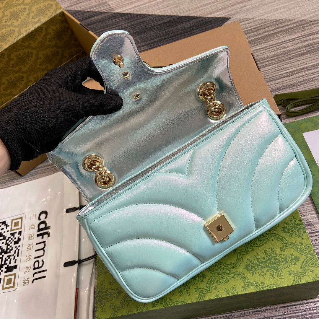 Luxury Gucci GG MARMONT 26 MEDIUM SHOULDER BAG BLUE IRIDESCENT CALFSKIN