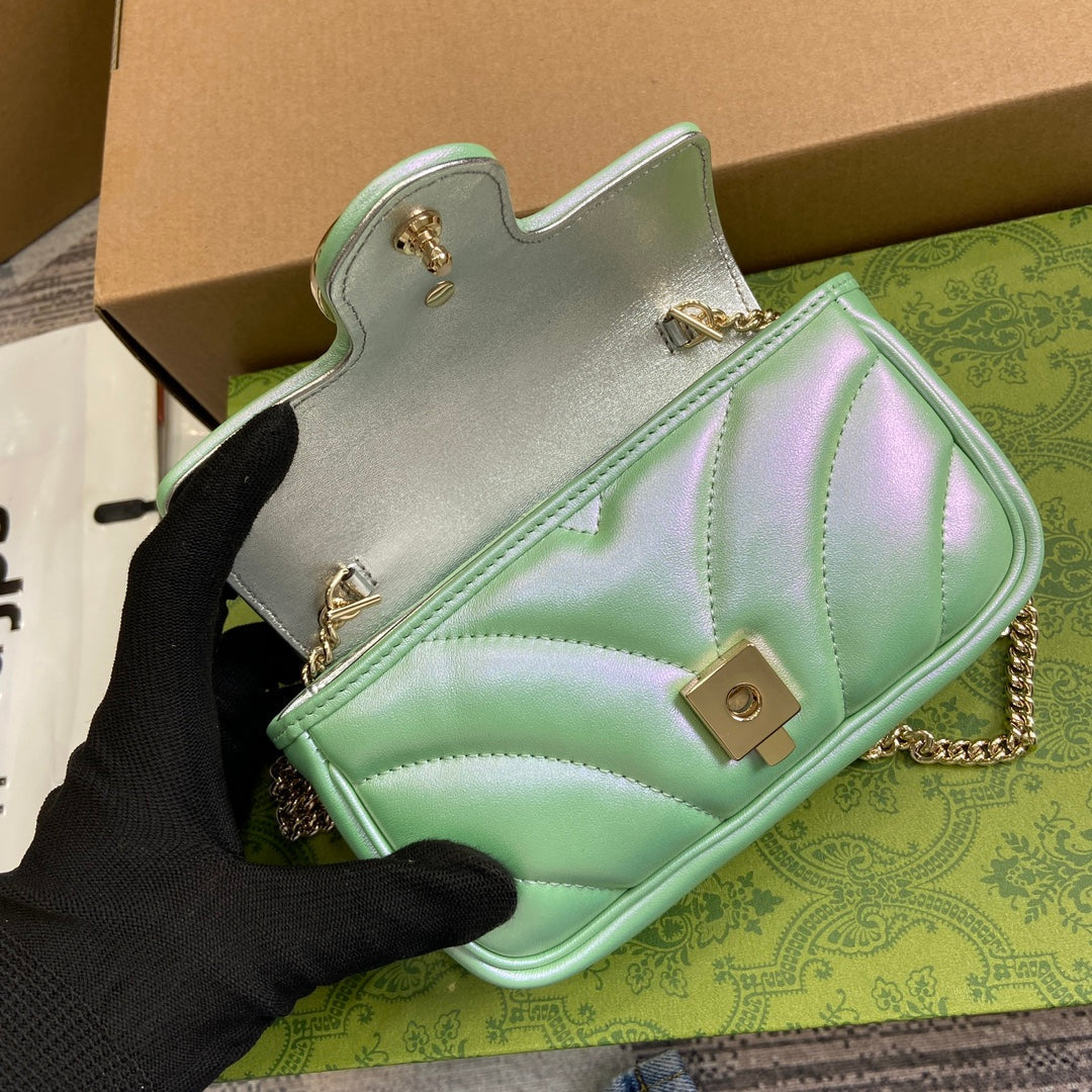 Luxury Gucci GG MARMONT 16 MINI SHOULDER BAG GREEN IRIDESCENT CALFSKIN