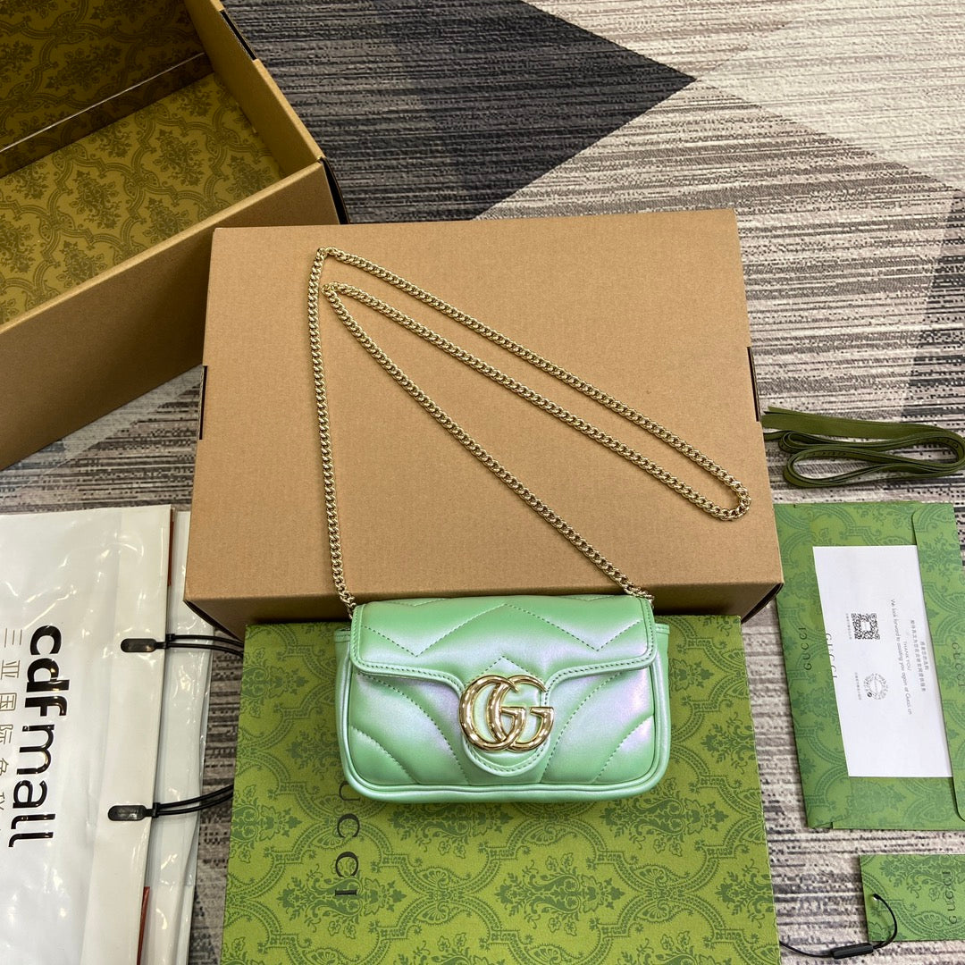 Luxury Gucci GG MARMONT 16 MINI SHOULDER BAG GREEN IRIDESCENT CALFSKIN
