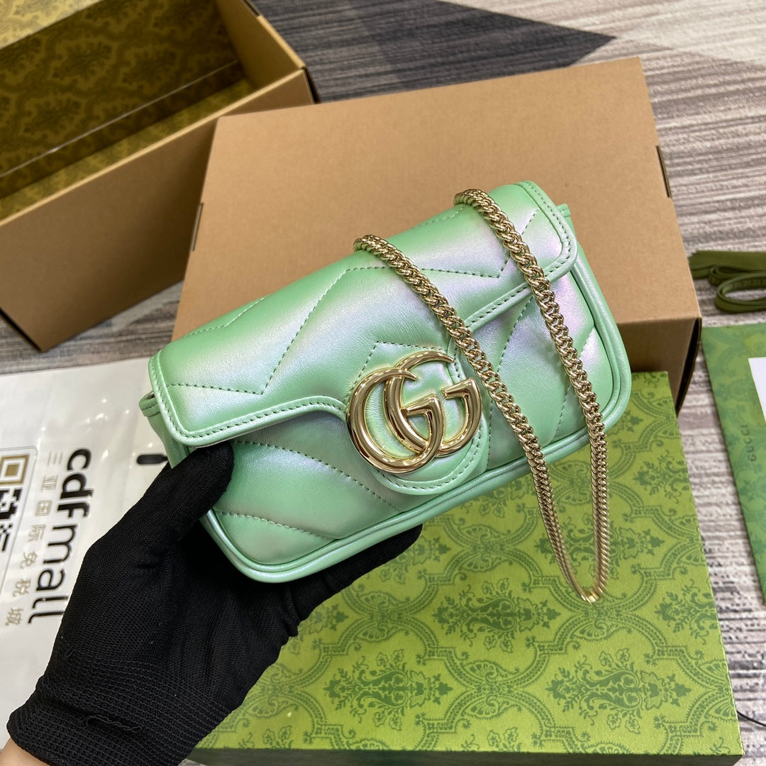 Luxury Gucci GG MARMONT 16 MINI SHOULDER BAG GREEN IRIDESCENT CALFSKIN