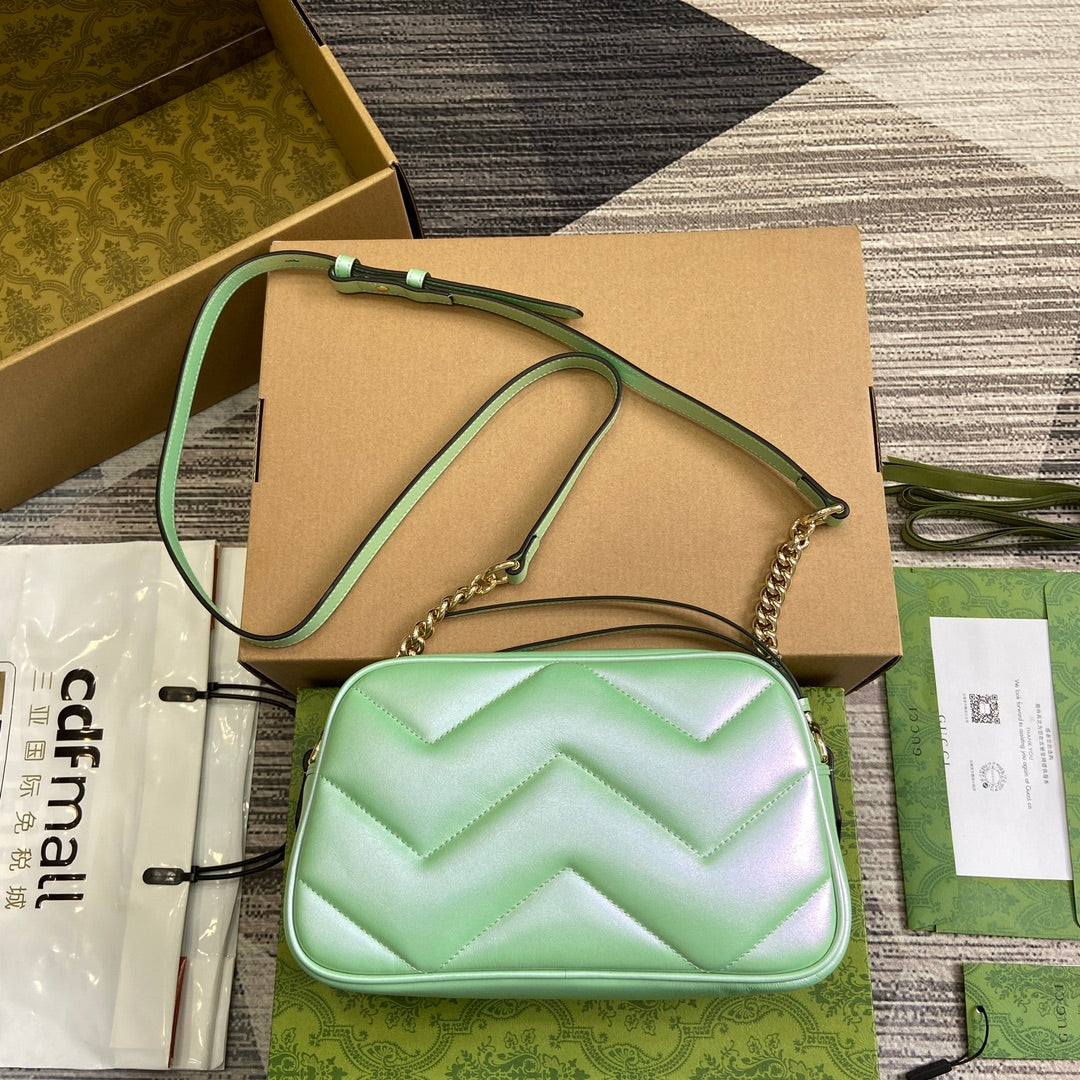 Luxury Gucci GG MARMONT 24 SMALL MATELASSÉ SHOULDER BAG GREEN IRIDESCENT CALFSKIN