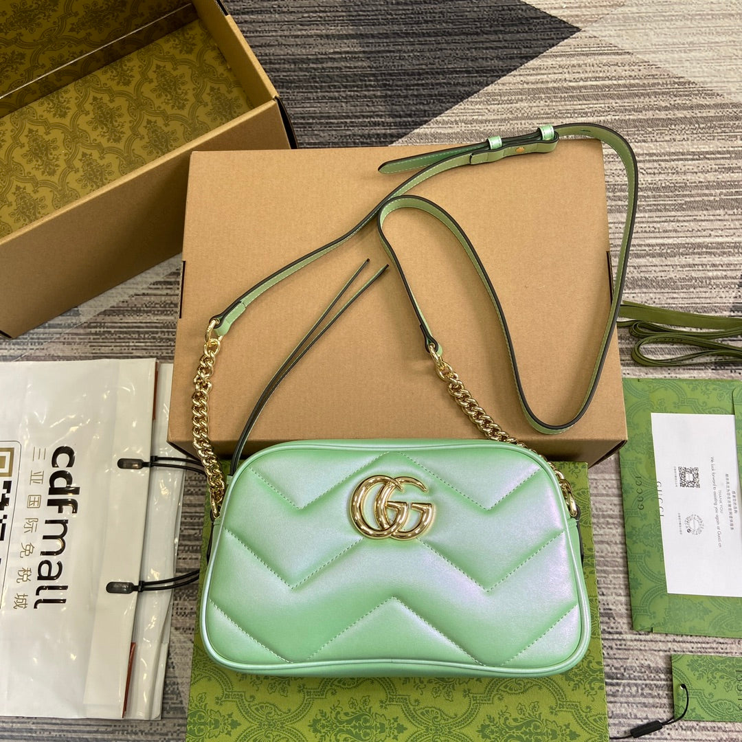 Luxury Gucci GG MARMONT 24 SMALL MATELASSÉ SHOULDER BAG GREEN IRIDESCENT CALFSKIN