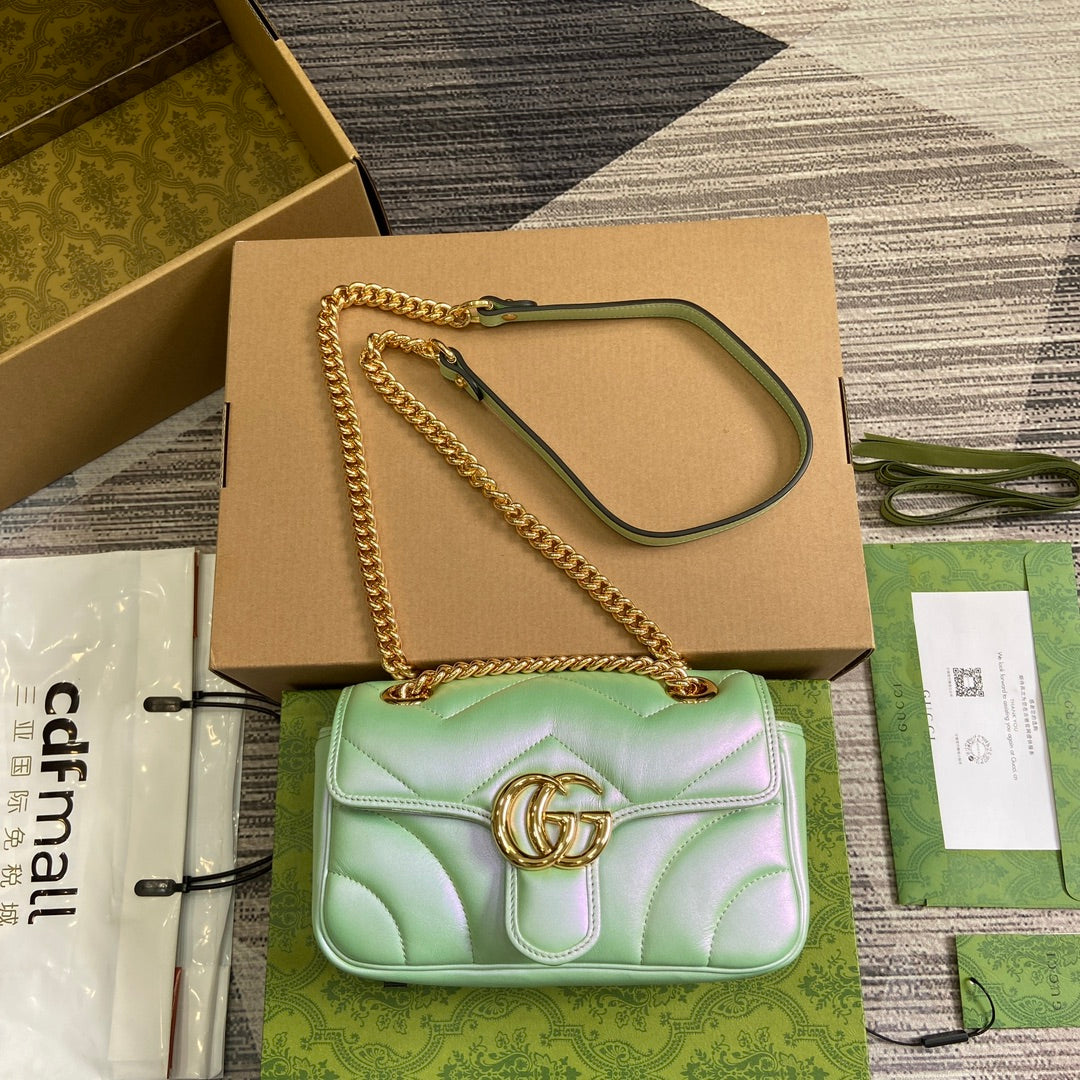 Luxury Gucci GG MARMONT 23 SMALL SHOULDER BAG GREEN IRIDESCENT CALFSKIN