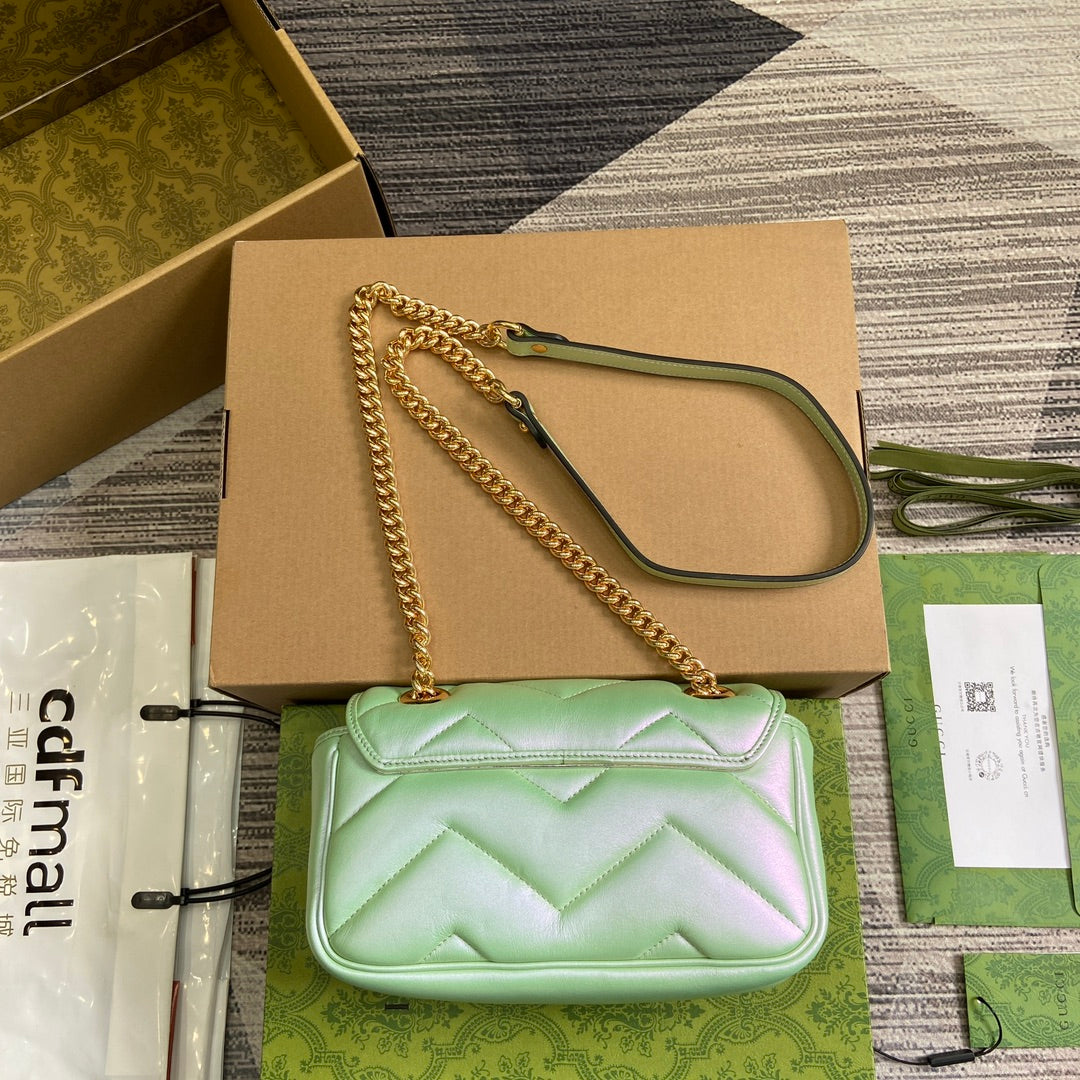 Luxury Gucci GG MARMONT 23 SMALL SHOULDER BAG GREEN IRIDESCENT CALFSKIN