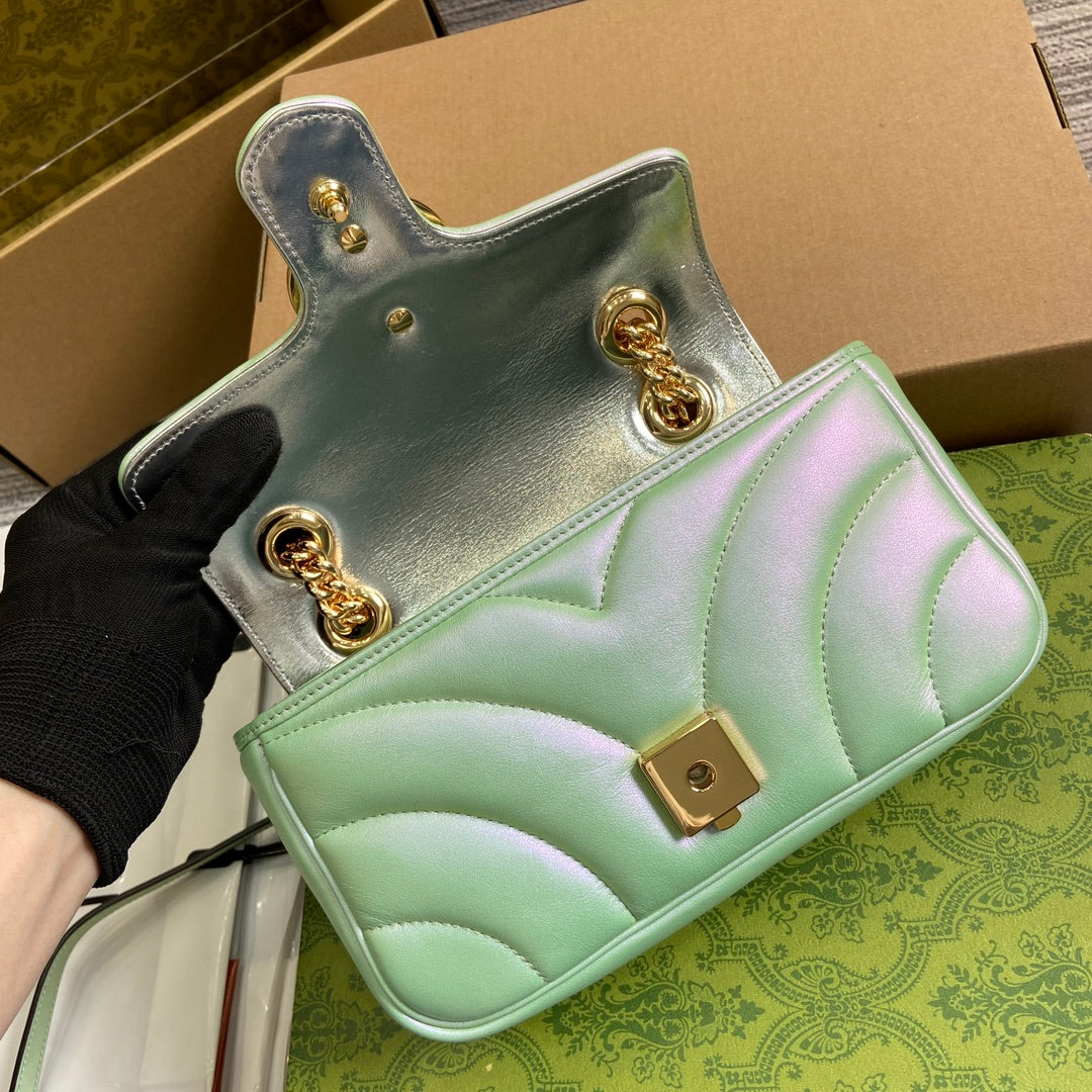 Luxury Gucci GG MARMONT 23 SMALL SHOULDER BAG GREEN IRIDESCENT CALFSKIN