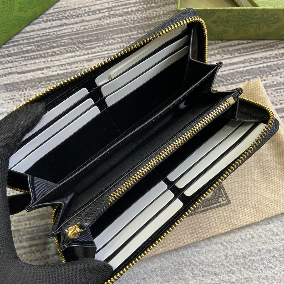 Luxury Gucci ZIP AROUND WALLET 20 IN BLACK CALFSKIN GOLD HARDWARE