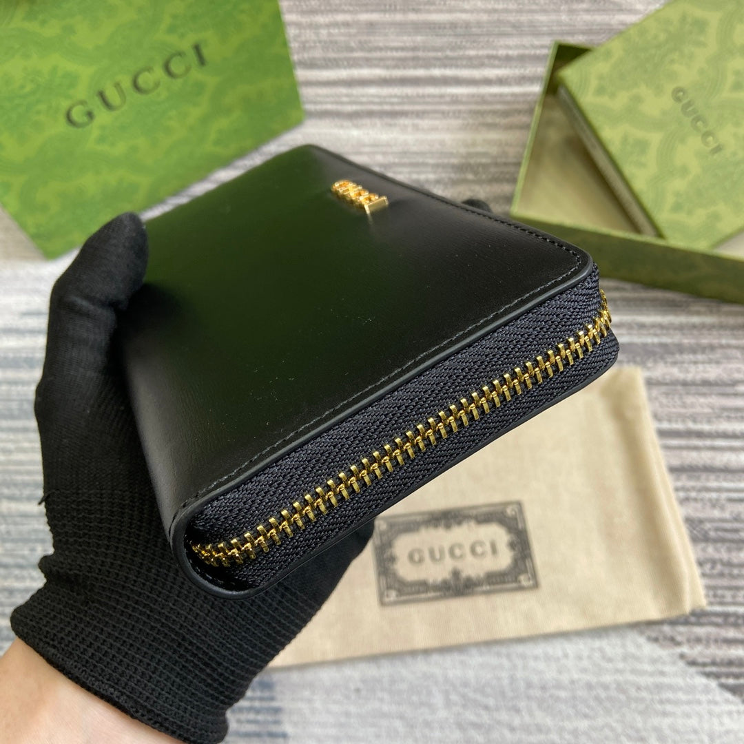Luxury Gucci ZIP AROUND WALLET 20 IN BLACK CALFSKIN GOLD HARDWARE
