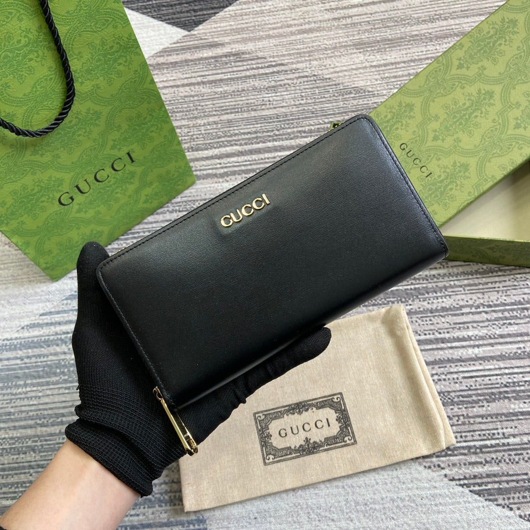 Luxury Gucci ZIP AROUND WALLET 20 IN BLACK CALFSKIN GOLD HARDWARE