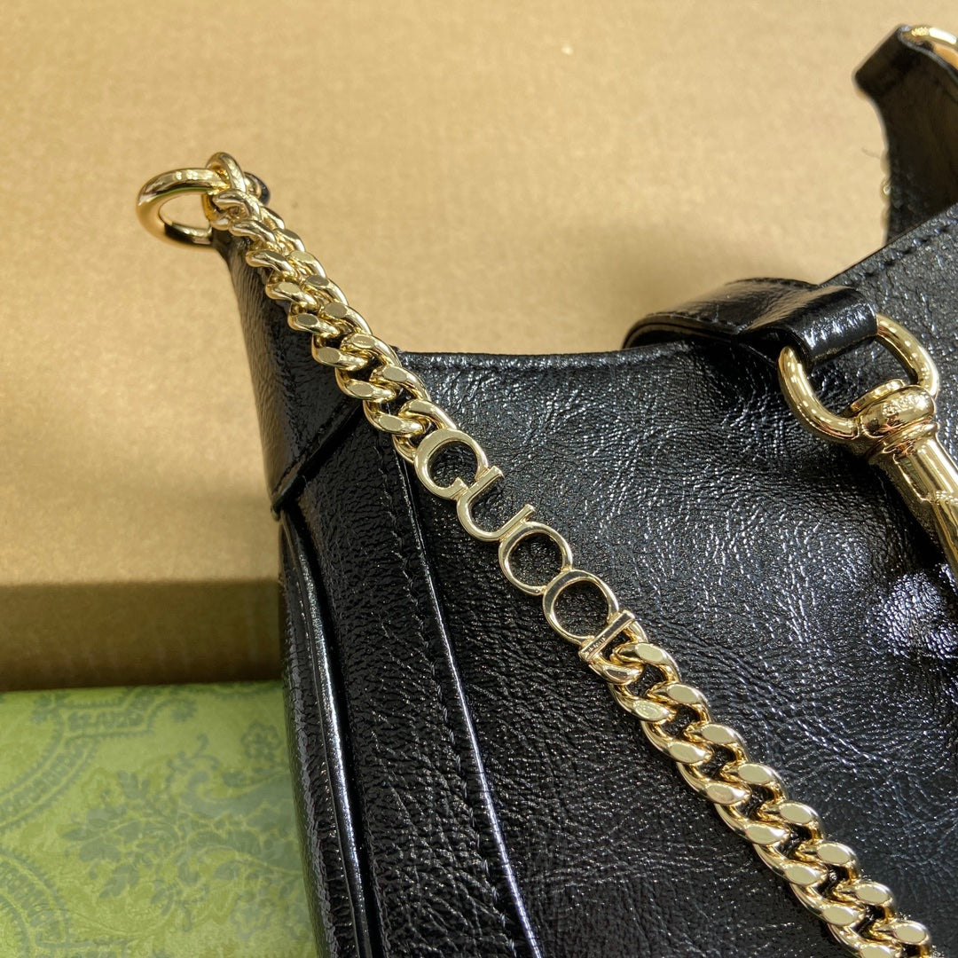 Luxury Gucci JACKIE NOTTE MINI BAG 19 IN BLACK CRACKED LACQUER CALFSKIN GOLD HARDWARE