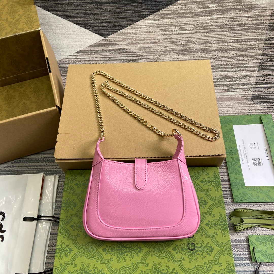 Luxury Gucci JACKIE NOTTE MINI BAG 19 IN PINK CRACKED LACQUER CALFSKIN GOLD HARDWARE