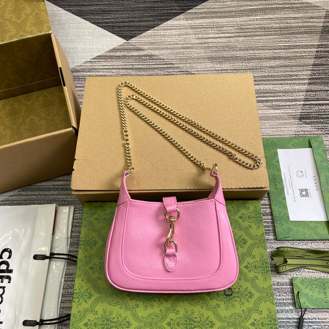 Luxury Gucci JACKIE NOTTE MINI BAG 19 IN PINK CRACKED LACQUER CALFSKIN GOLD HARDWARE