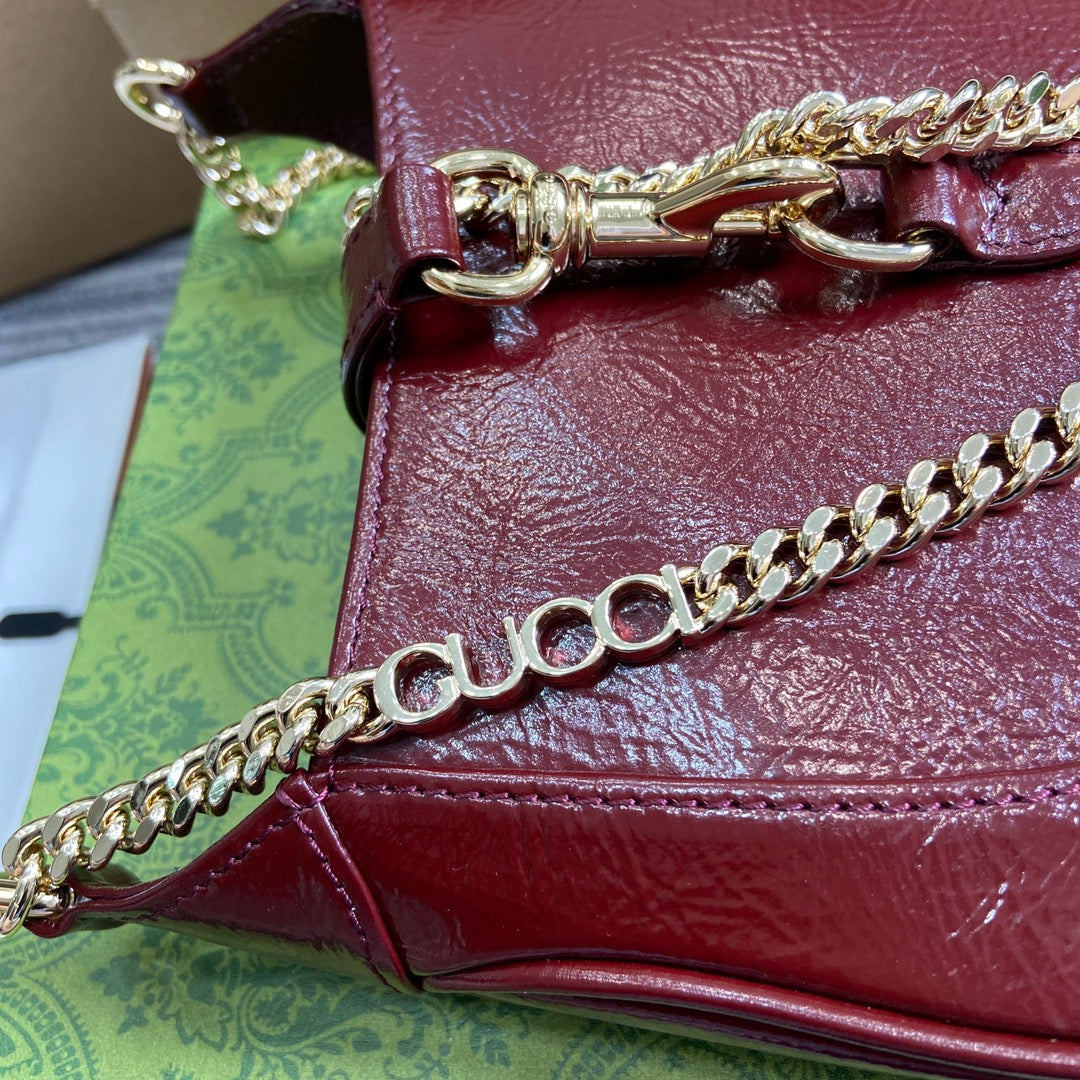 Luxury Gucci JACKIE NOTTE MINI BAG 19 IN RED WINE CRACKED LACQUER CALFSKIN GOLD HARDWARE